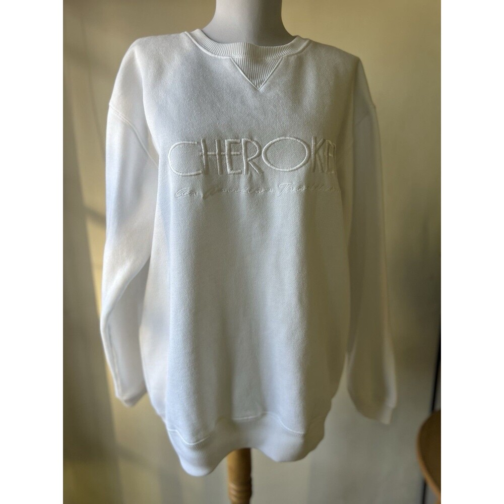 Cherokee White Cotton Crewneck Pullover Sweatshirt Embroidered Logo Womens M